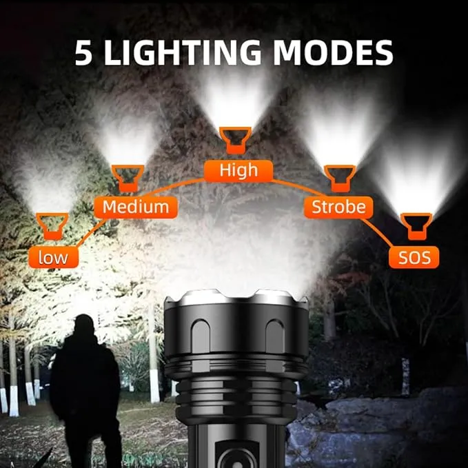 Handheld flashlight, 5 lighting modes, rechargeable flashlight, mobile power flashligh， high-power wick, IP44 waterproof, suitable for daily household use, outdoor hiking, camping, and fish