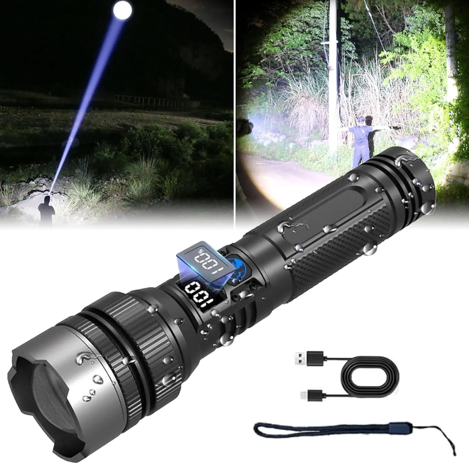 Happytion Flashlight - USB Rechargeable WaterproofBright Powerful Flashlight, Zoomable Torch for Camping Hiking Biking Home Emergency (Black-1 pc)
