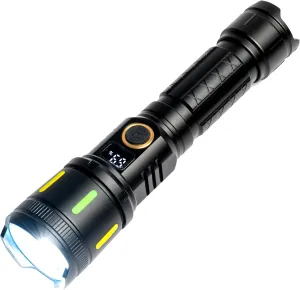 High brightness rechargeable telescopic zoom LED white laser flashlight, 750 lumens, smart LCD display, USB/Type-C fast charging high power. Suitable for camping, home use, and multiple occasions.