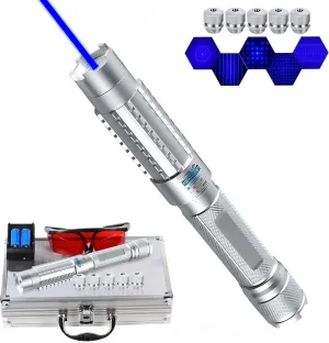 High Power Blue Flashlight, Long Range Battery Powered Handheld Flashlight with Adjustable Focus, Suitable for Hiking, Camping, Fishing, Silver