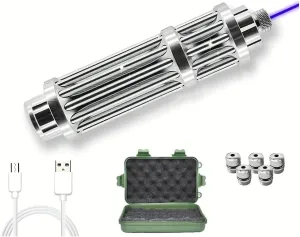 High Power Blue Flashlight with Adjustable Focus, USB Rechargeable Handheld Light for Camping, Hiking, Fishing