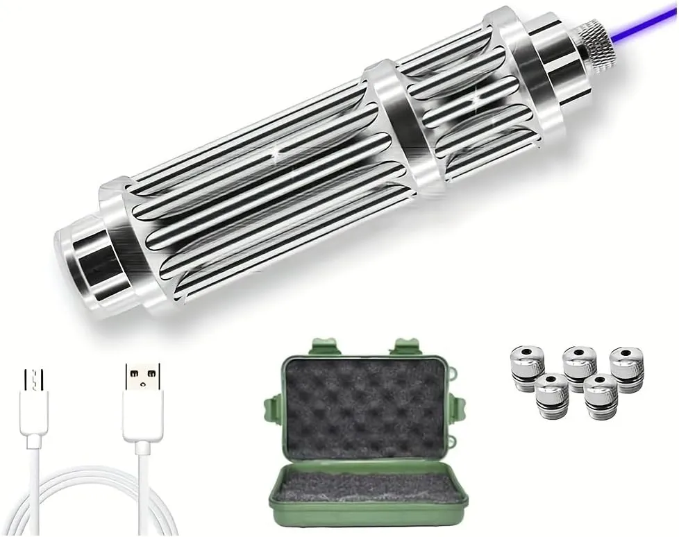 High Power Blue Flashlight with Adjustable Focus, USB Rechargeable Handheld Light for Camping, Hiking, Fishing