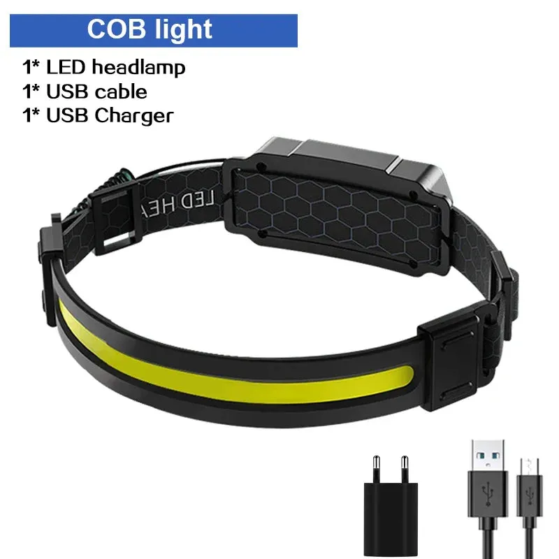High Power LED Headlamp, 7 Modes XPE COB, Sensor Headlight, USB-C Rechargeable, IPX6 Waterproof, 18650 Battery for Fishing and Hunting