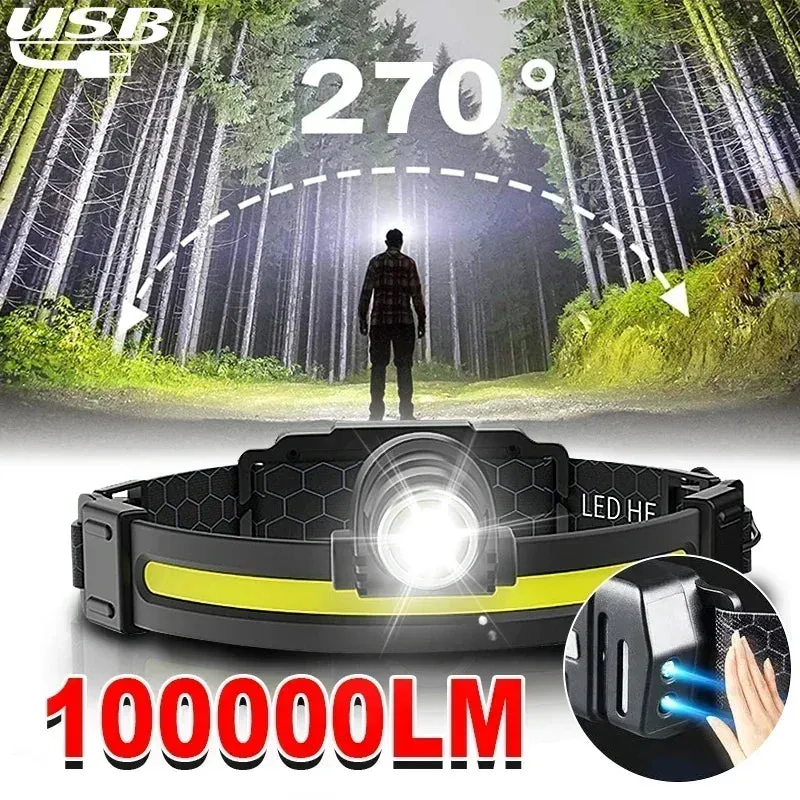 High Power LED Headlamp, 7 Modes XPE COB, Sensor Headlight, USB-C Rechargeable, IPX6 Waterproof, 18650 Battery for Fishing and Hunting