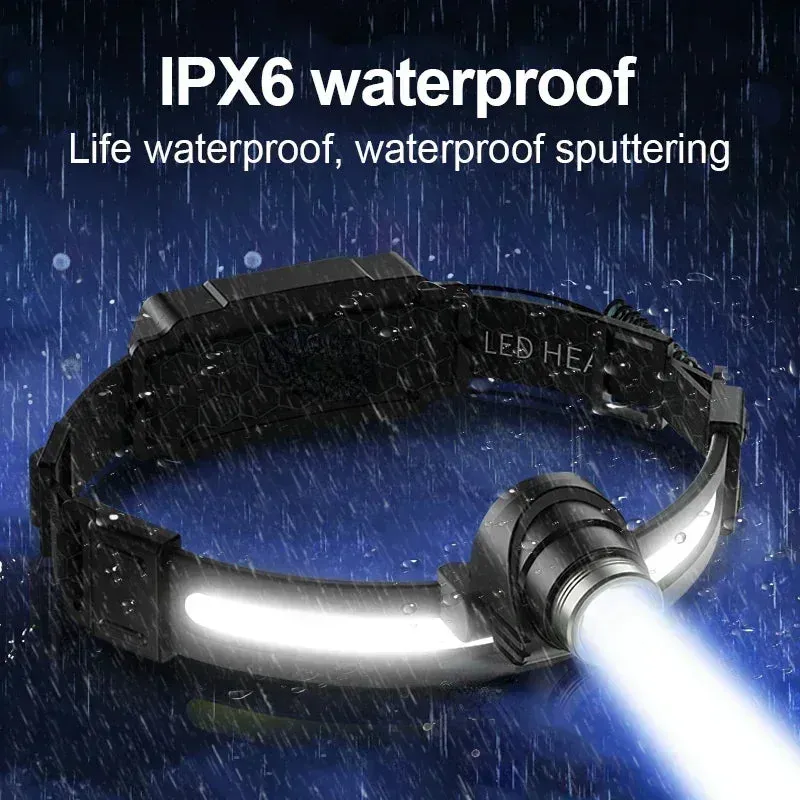 High Power LED Headlamp, 7 Modes XPE COB, Sensor Headlight, USB-C Rechargeable, IPX6 Waterproof, 18650 Battery for Fishing and Hunting