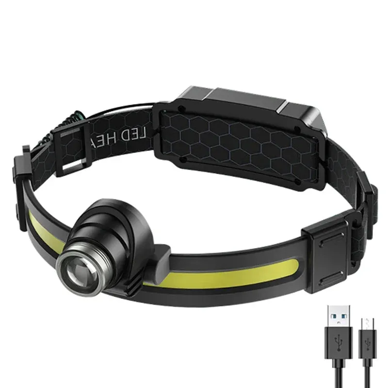 High Power LED Headlamp, 7 Modes XPE COB, Sensor Headlight, USB-C Rechargeable, IPX6 Waterproof, 18650 Battery for Fishing and Hunting