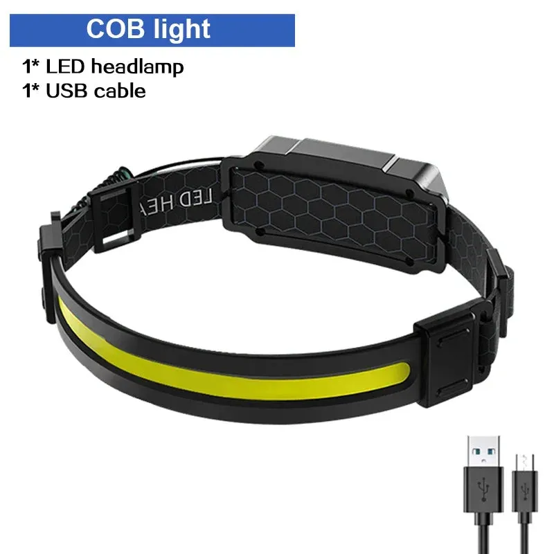 High Power LED Headlamp, 7 Modes XPE COB, Sensor Headlight, USB-C Rechargeable, IPX6 Waterproof, 18650 Battery for Fishing and Hunting