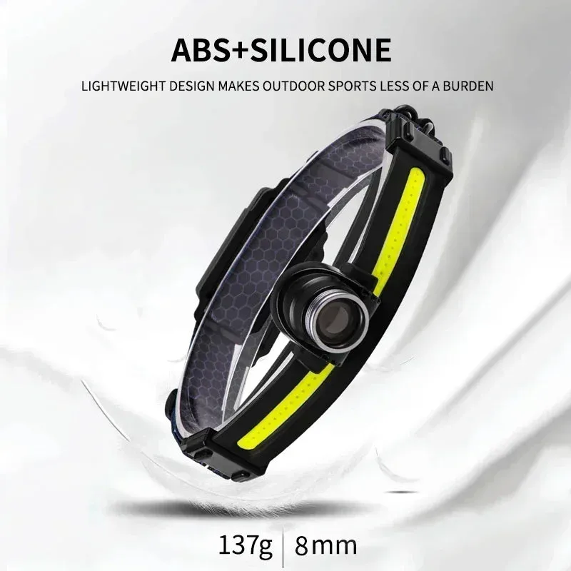 High Power LED Headlamp, 7 Modes XPE COB, Sensor Headlight, USB-C Rechargeable, IPX6 Waterproof, 18650 Battery for Fishing and Hunting