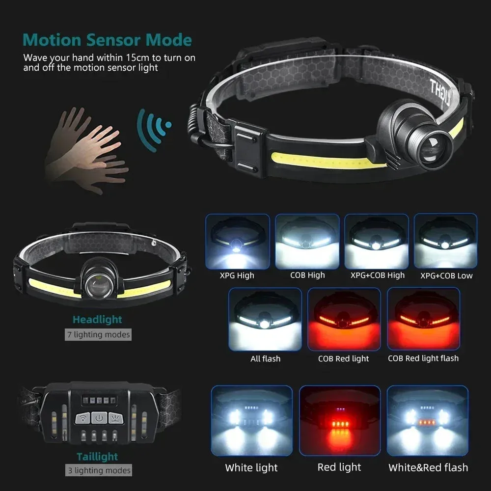 High Power LED Headlamp, 7 Modes XPE COB, Sensor Headlight, USB-C Rechargeable, IPX6 Waterproof, 18650 Battery for Fishing and Hunting