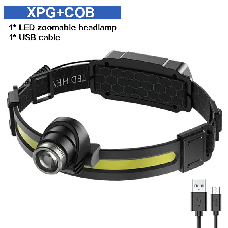 High Power LED Headlamp, 7 Modes XPE COB, Sensor Headlight, USB-C Rechargeable, IPX6 Waterproof, 18650 Battery for Fishing and Hunting