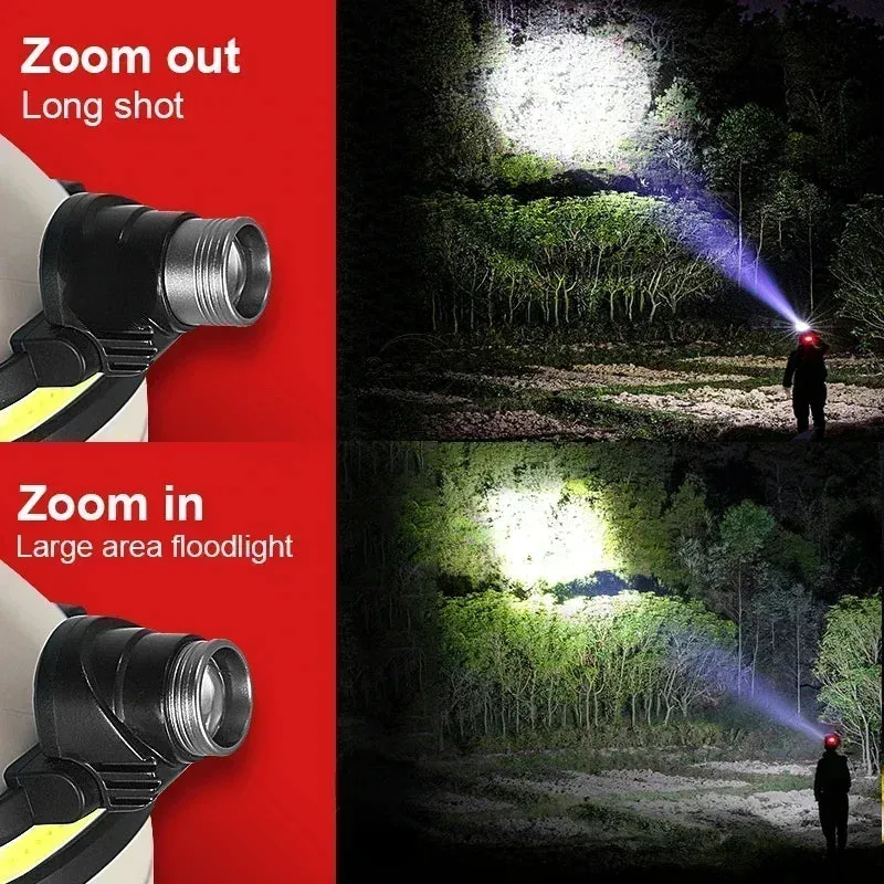 High Power LED Headlamp, 7 Modes XPE COB, Sensor Headlight, USB-C Rechargeable, IPX6 Waterproof, 18650 Battery for Fishing and Hunting