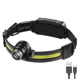 High Power LED Headlamp, 7 Modes XPE COB, Sensor Headlight, USB-C Rechargeable, IPX6 Waterproof, 18650 Battery for Fishing and Hunting