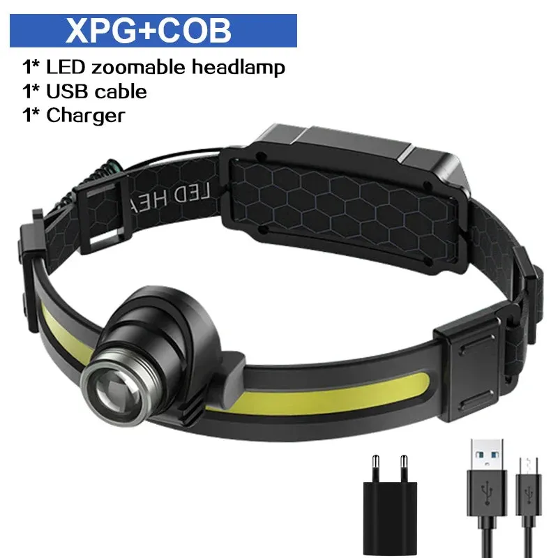 High Power LED Headlamp, 7 Modes XPE COB, Sensor Headlight, USB-C Rechargeable, IPX6 Waterproof, 18650 Battery for Fishing and Hunting