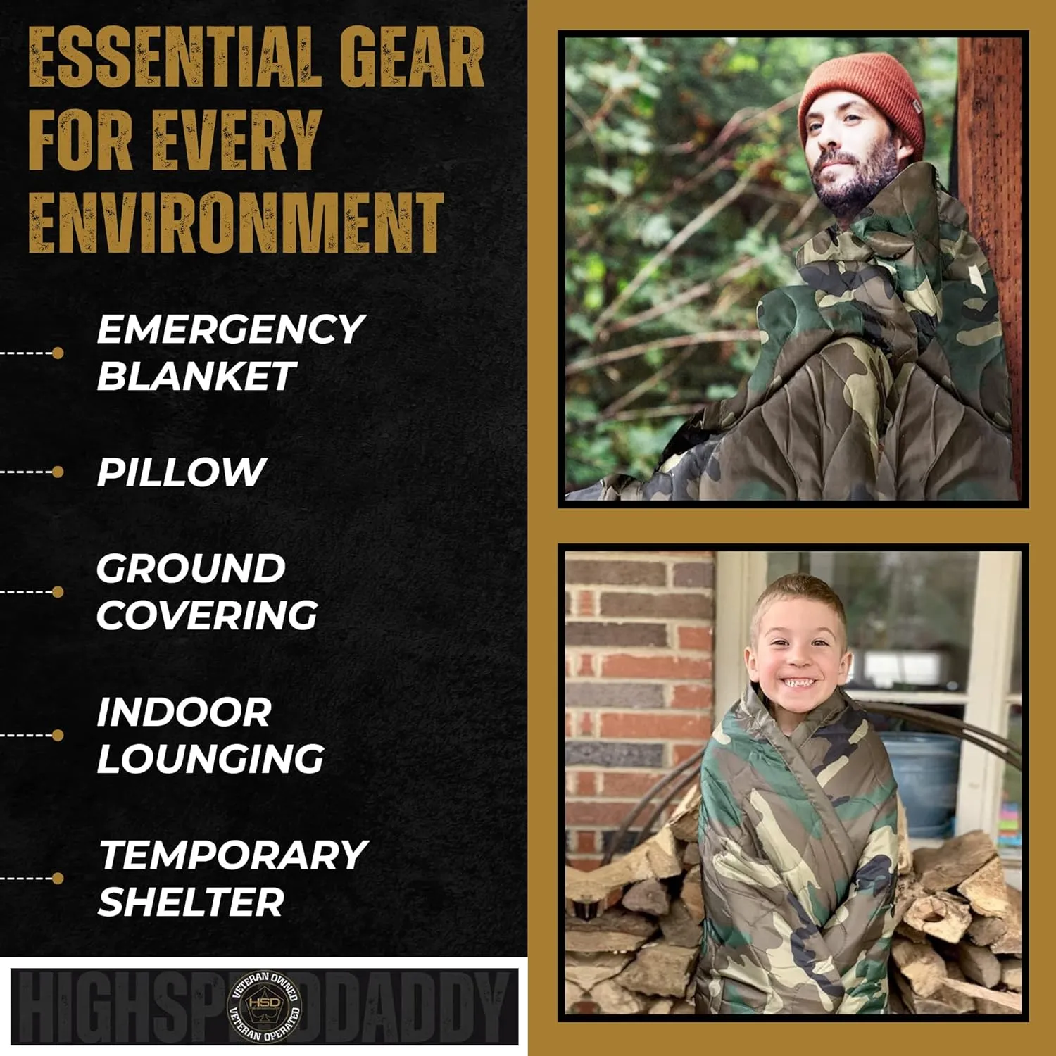 HighSpeedDaddy: Large Woobie Military Blanket & Poncho Liner for Camping & All Weather Use - Water Resistant   Ripstop - Lightweight, Thermal, Insulated - Tactical, Emergency, Outdoor - 82x60