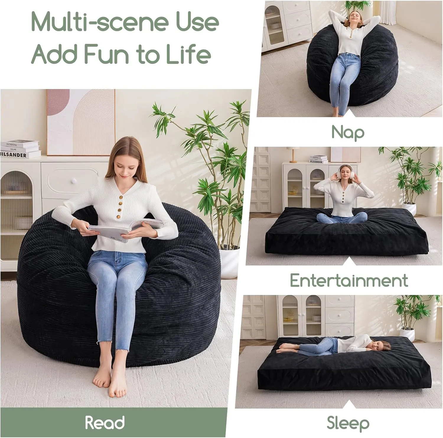 HIGOGOGO Giant Bean Bag Chair Bed for Adults,Convertible Beanbag Folds from Lazy Chair to Floor Mattress Bed,Large Floor Sofa Couch for Adult,Couples,Family,High-Density Foam Filling, Machine Washable