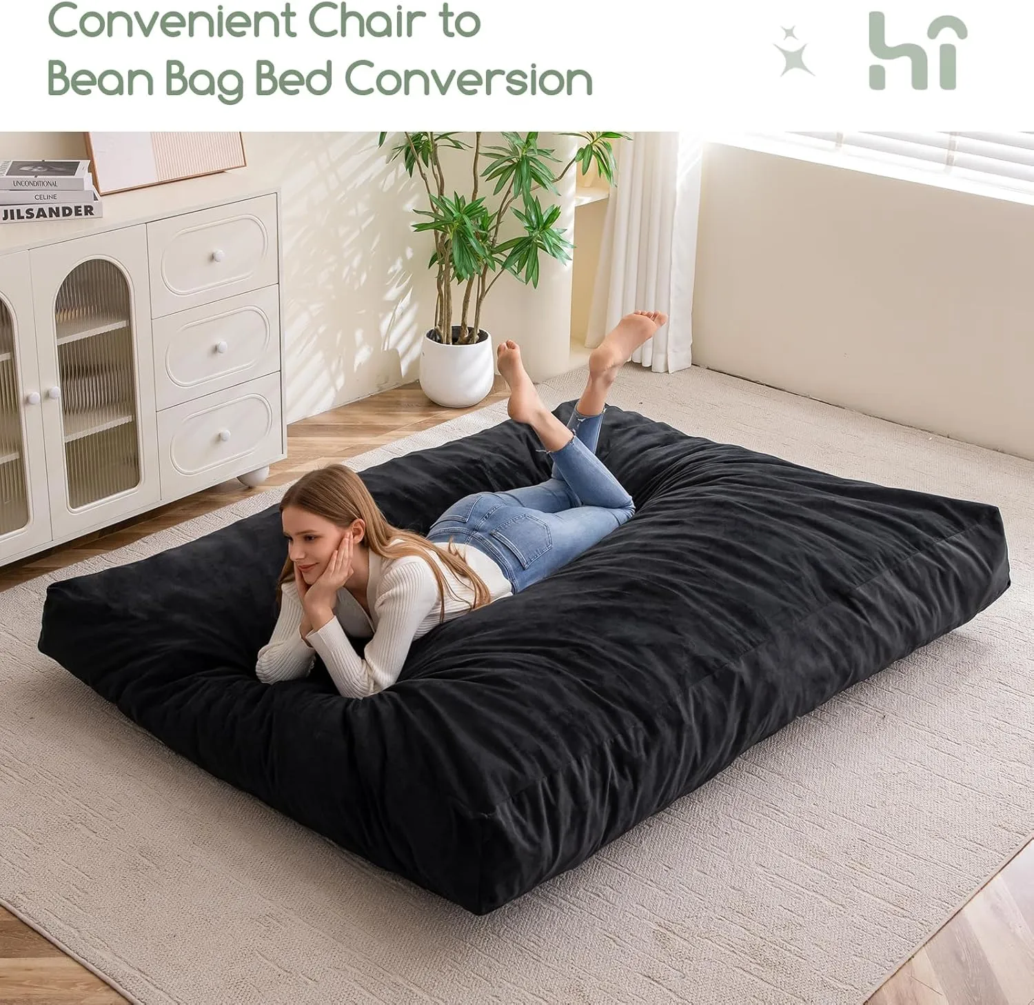 HIGOGOGO Giant Bean Bag Chair Bed for Adults,Convertible Beanbag Folds from Lazy Chair to Floor Mattress Bed,Large Floor Sofa Couch for Adult,Couples,Family,High-Density Foam Filling, Machine Washable