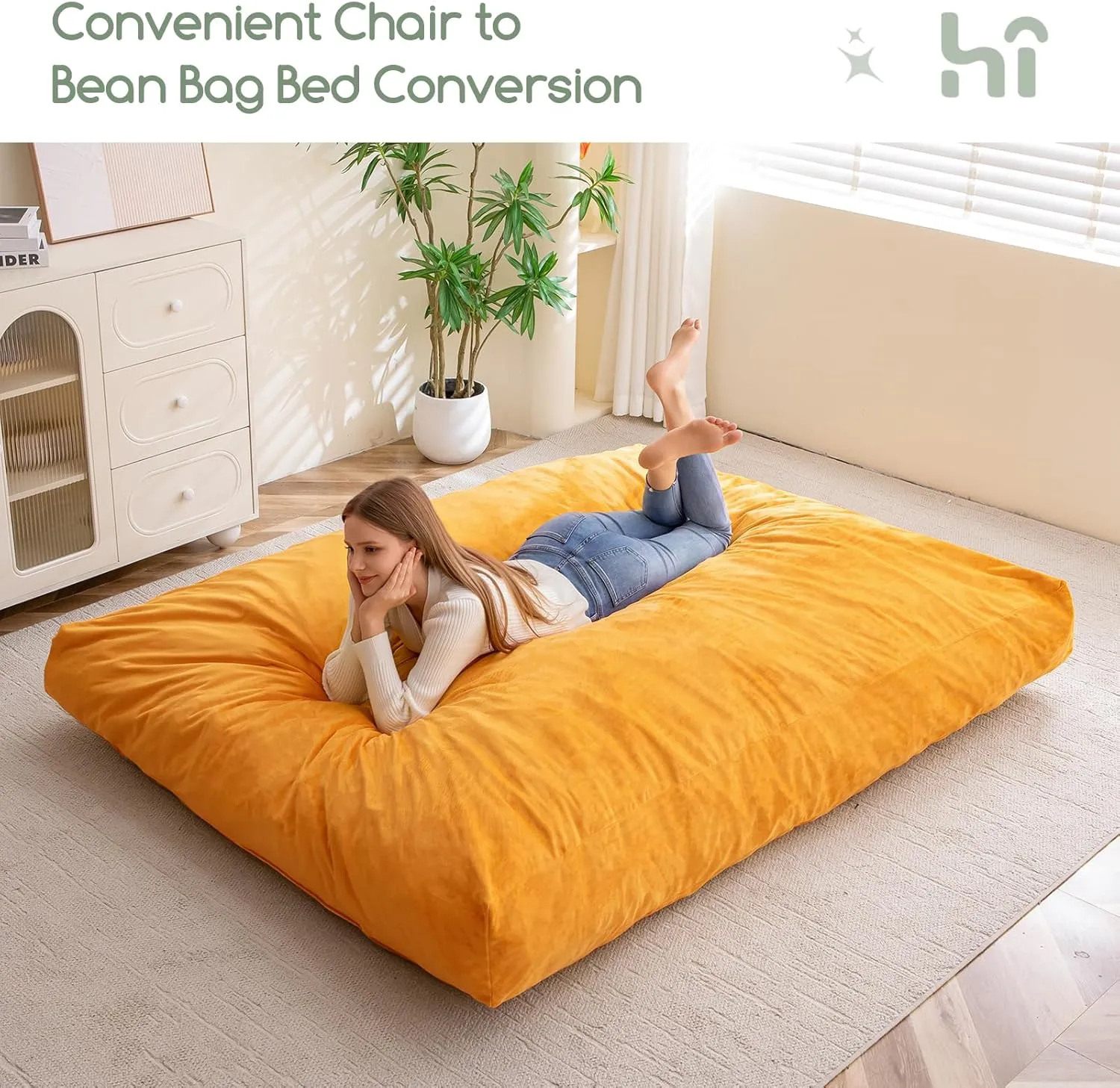 HIGOGOGO Giant Bean Bag Chair Bed for Adults,Convertible Beanbag Folds from Lazy Chair to Floor Mattress Bed,Large Floor Sofa Couch for Adult,Couples,Family,High-Density Foam Filling, Machine Washable