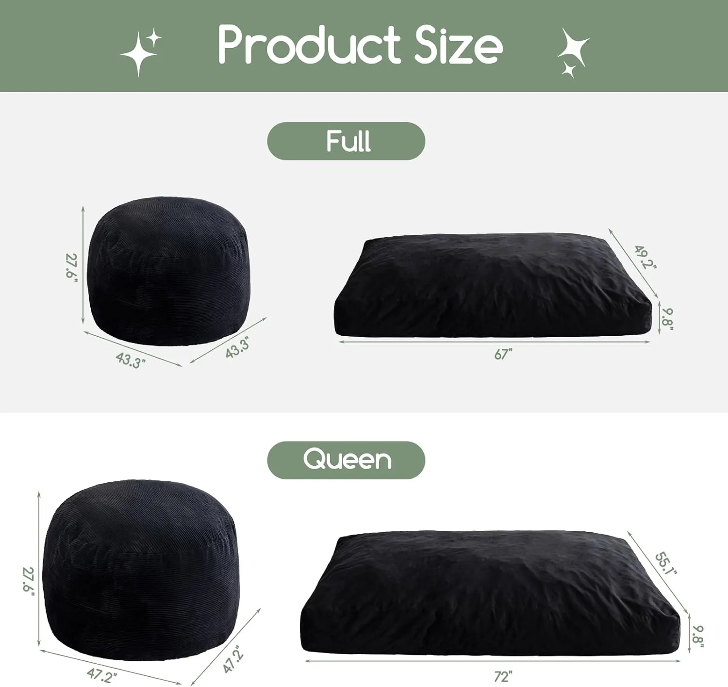 HIGOGOGO Giant Bean Bag Chair Bed for Adults,Convertible Beanbag Folds from Lazy Chair to Floor Mattress Bed,Large Floor Sofa Couch for Adult,Couples,Family,High-Density Foam Filling, Machine Washable