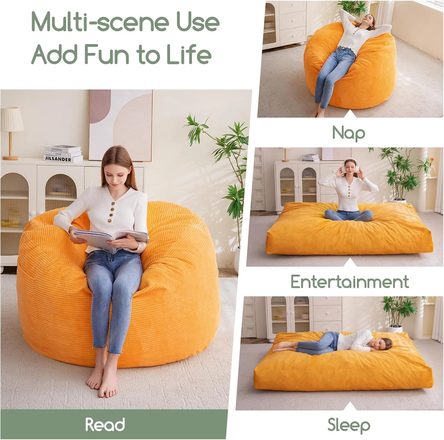 HIGOGOGO Giant Bean Bag Chair Bed for Adults,Convertible Beanbag Folds from Lazy Chair to Floor Mattress Bed,Large Floor Sofa Couch for Adult,Couples,Family,High-Density Foam Filling, Machine Washable