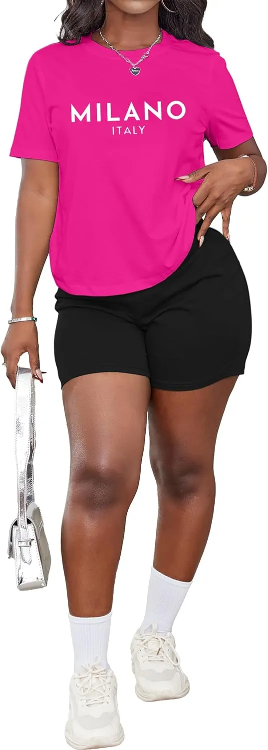 Hilinker Women's 2 Piece Outfits Summer Casual Short Sets Graphic Workout Tracksuits