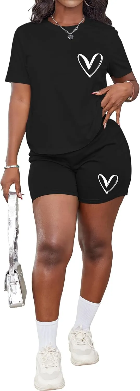 Hilinker Women's 2 Piece Outfits Summer Casual Short Sets Graphic Workout Tracksuits