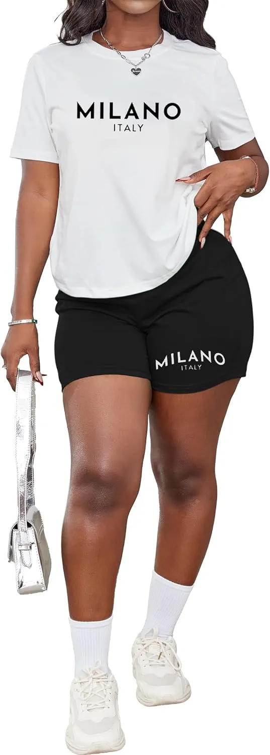 Hilinker Women's 2 Piece Outfits Summer Casual Short Sets Graphic Workout Tracksuits