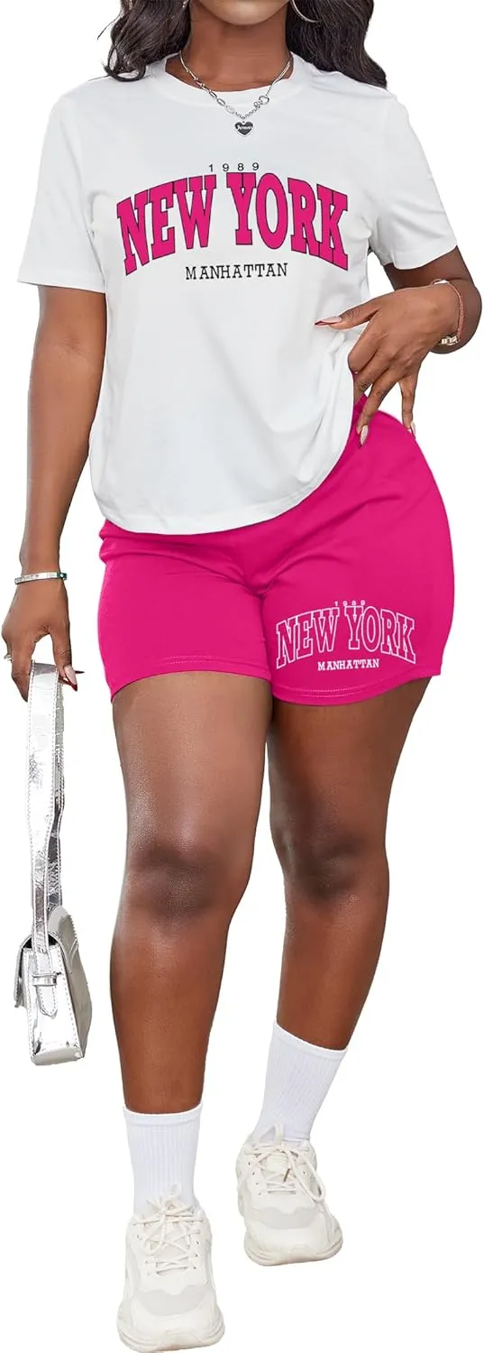 Hilinker Women's 2 Piece Outfits Summer Casual Short Sets Graphic Workout Tracksuits