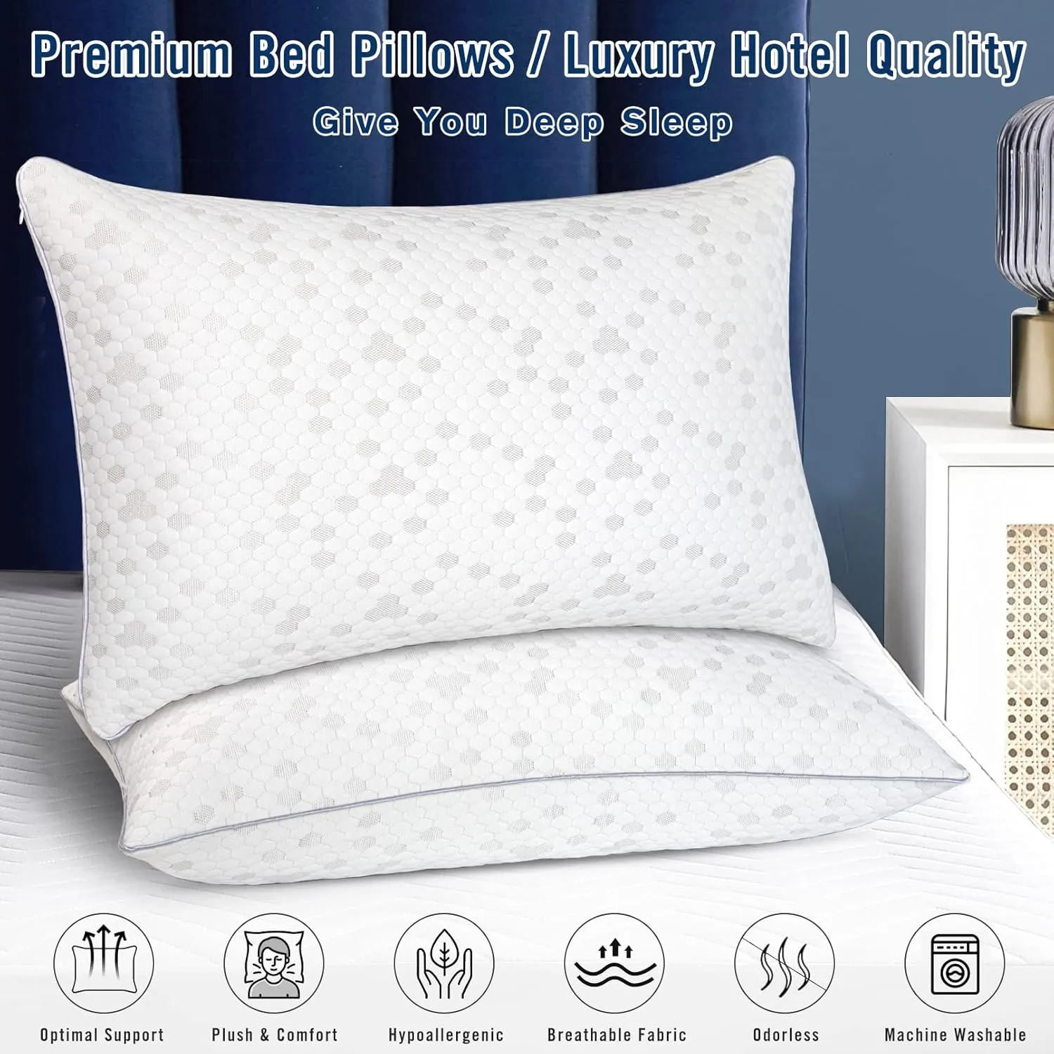 HIMOON Shredded Memory Foam Pillows, Medium Firm Queen Size Pillows 2 Pack,Couples Bed Pillows for Side Back Stomach Sleepers Set of 2