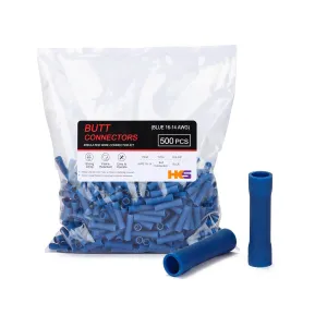 HKS 500 PCS Vinyl Insulated Butt Connector Blue 16-14 AWG - Quick Disconnect Electrical Connectors - Tinned Red Copper 0.8mm - Automotive Crimp Insulated