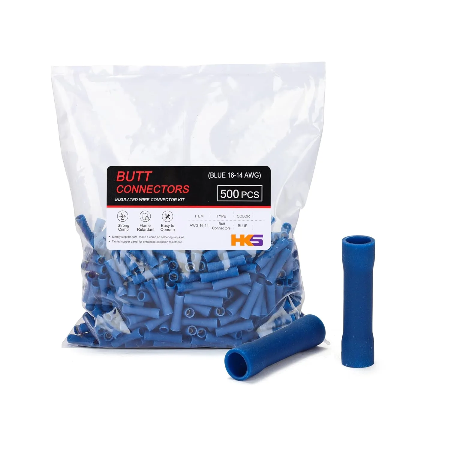 HKS 500 PCS Vinyl Insulated Butt Connector Blue 16-14 AWG - Quick Disconnect Electrical Connectors - Tinned Red Copper 0.8mm - Automotive Crimp Insulated