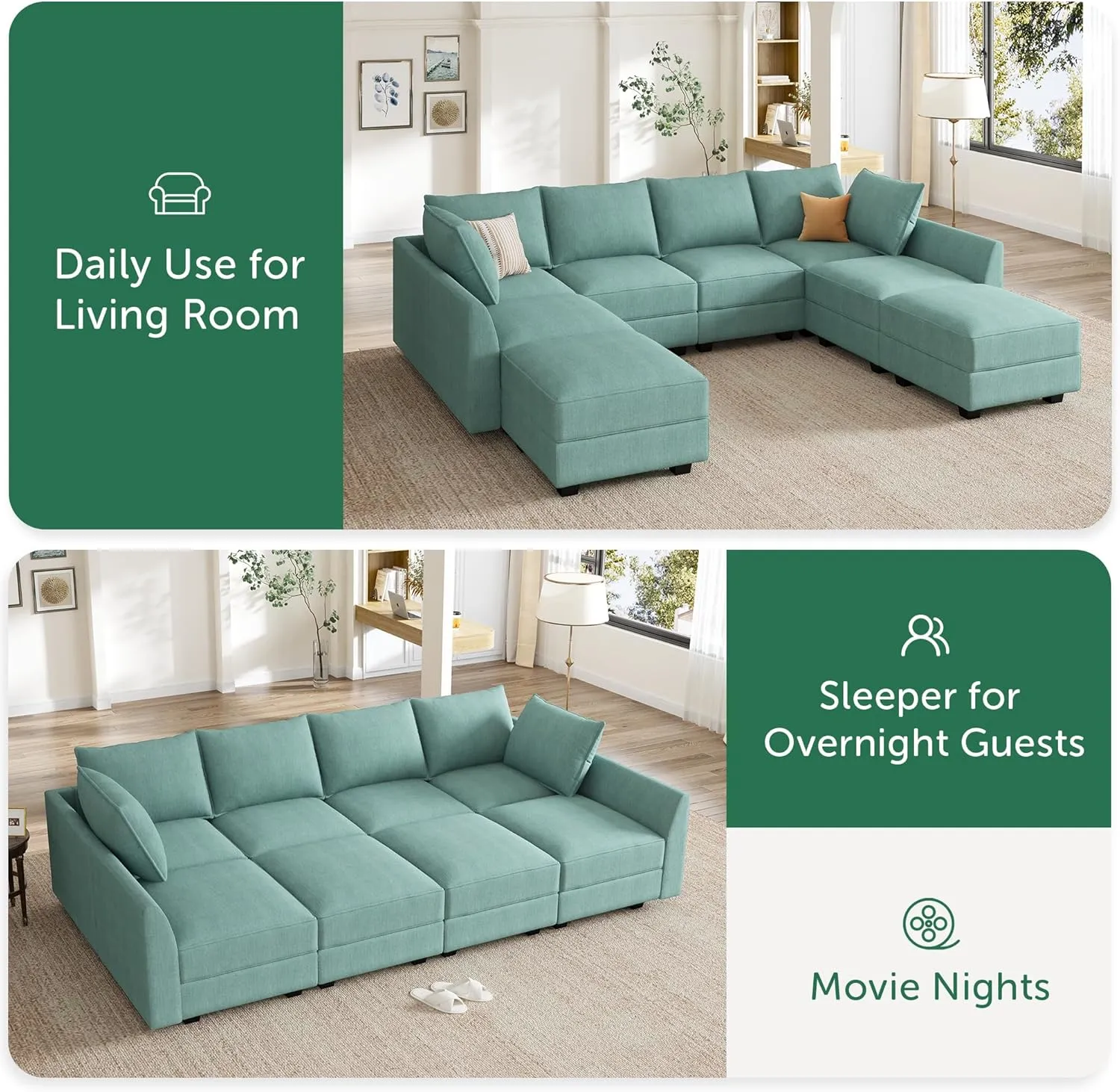 HONBAY Modular Sectional Couch with Storage Modern Modular Couch U Shaped Sectional Sofa for Living Room, Aqua Blue