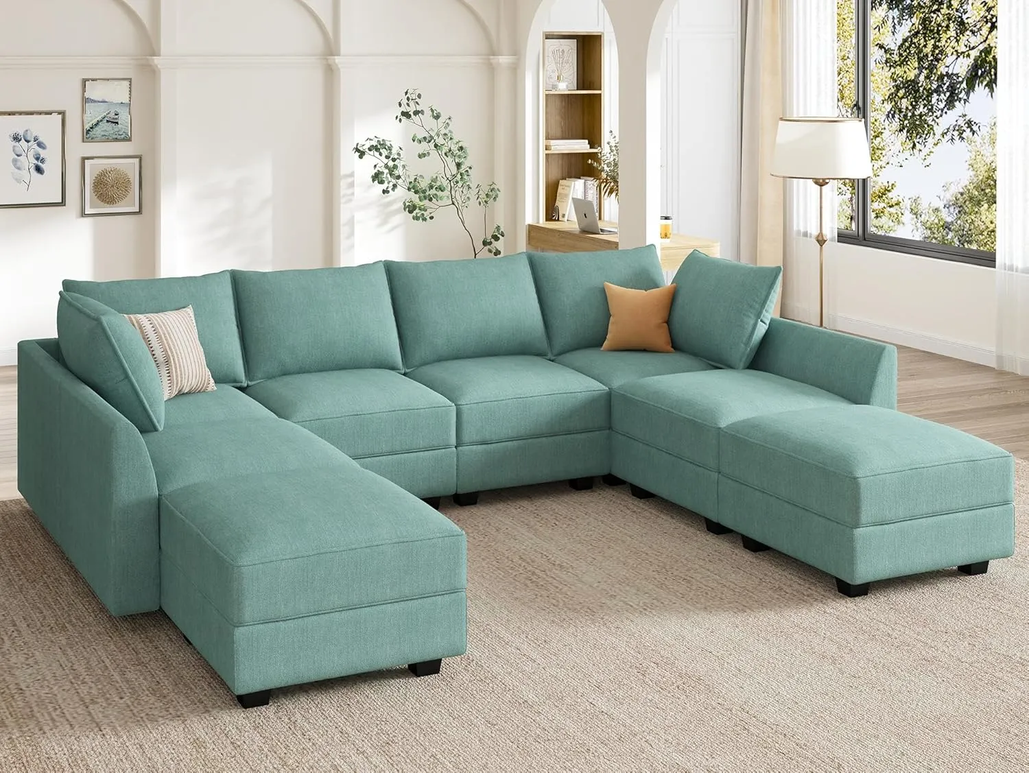 HONBAY Modular Sectional Couch with Storage Modern Modular Couch U Shaped Sectional Sofa for Living Room, Aqua Blue