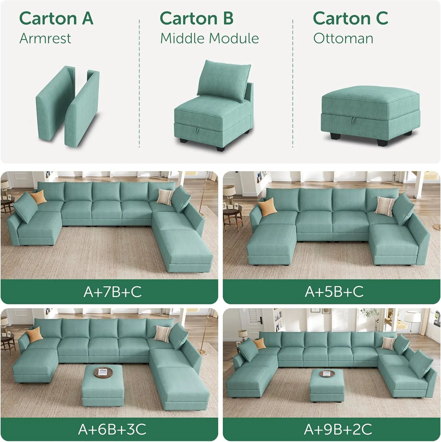 HONBAY Modular Sectional Couch with Storage Modern Modular Couch U Shaped Sectional Sofa for Living Room, Aqua Blue