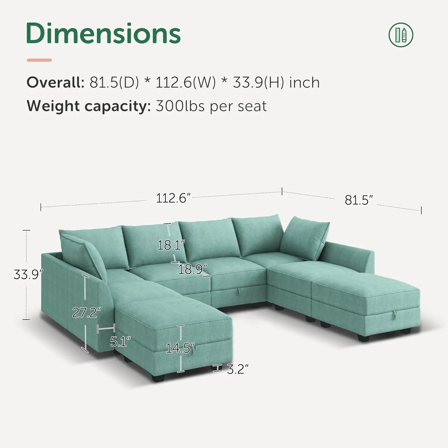 HONBAY Modular Sectional Couch with Storage Modern Modular Couch U Shaped Sectional Sofa for Living Room, Aqua Blue