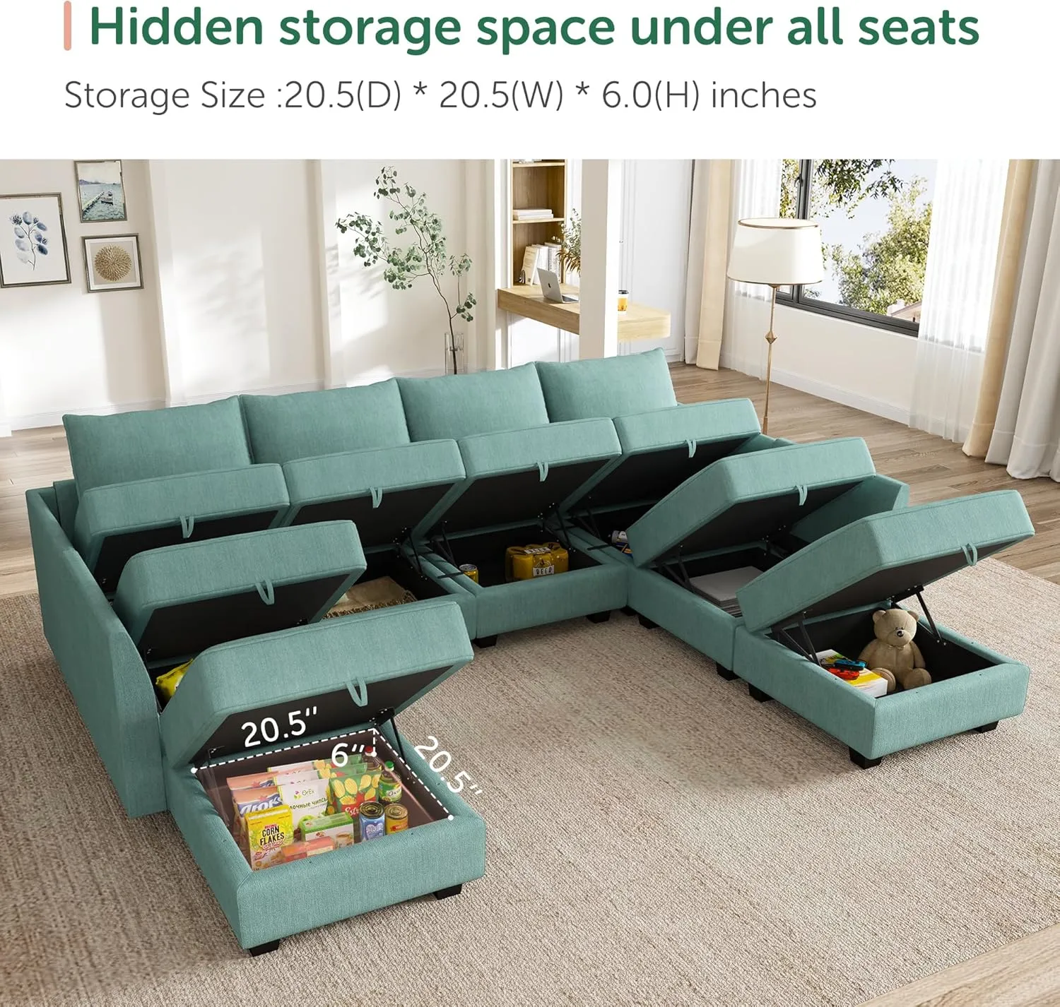 HONBAY Modular Sectional Couch with Storage Modern Modular Couch U Shaped Sectional Sofa for Living Room, Aqua Blue