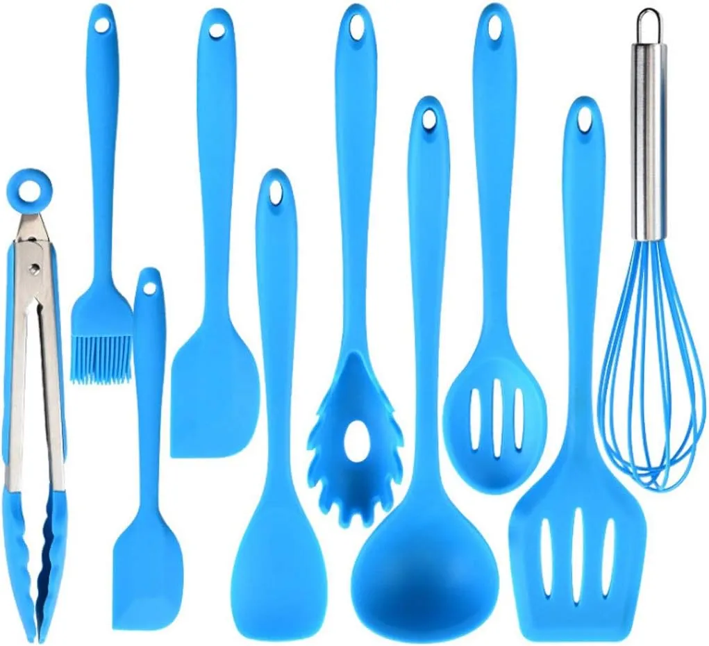 Hoshen 5-Color Style 10-Piece Kitchen Utensils Non-Stick Pan Silicone Kitchenware Heat-Resistant Spatula Set Cooking Spatula - Blue