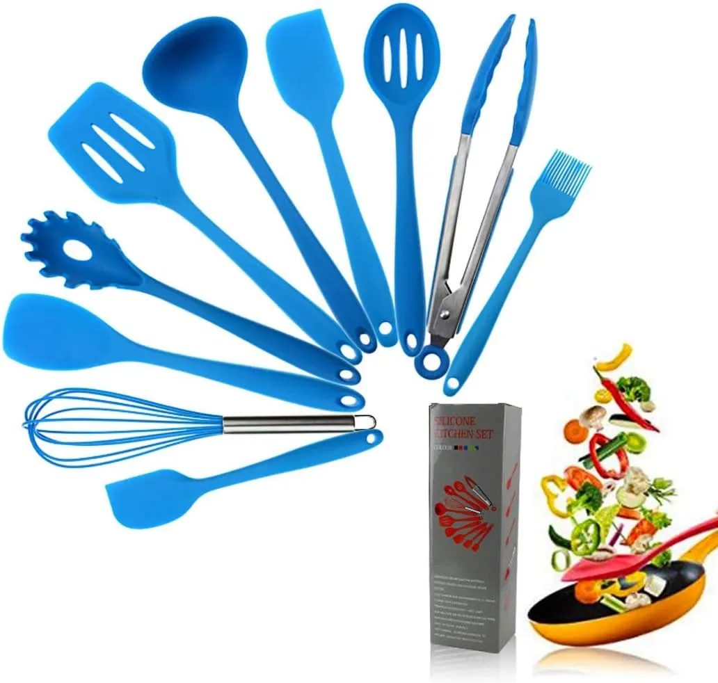 Hoshen 5-Color Style 10-Piece Kitchen Utensils Non-Stick Pan Silicone Kitchenware Heat-Resistant Spatula Set Cooking Spatula - Blue