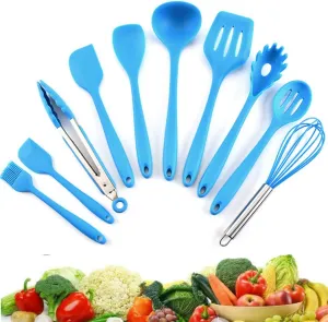 Hoshen 5-Color Style 10-Piece Kitchen Utensils Non-Stick Pan Silicone Kitchenware Heat-Resistant Spatula Set Cooking Spatula - Blue