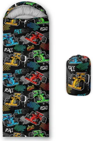 HOSIMA Adult Kids Sleeping Bag-Adorable Cartoon Car Pattern,Cold Weather and Warm Weather Sleeping Bag for Camping Hiking Sleepaway Camp Stuff,Light Blue Backpacking Ultralight Sleeping Bag.