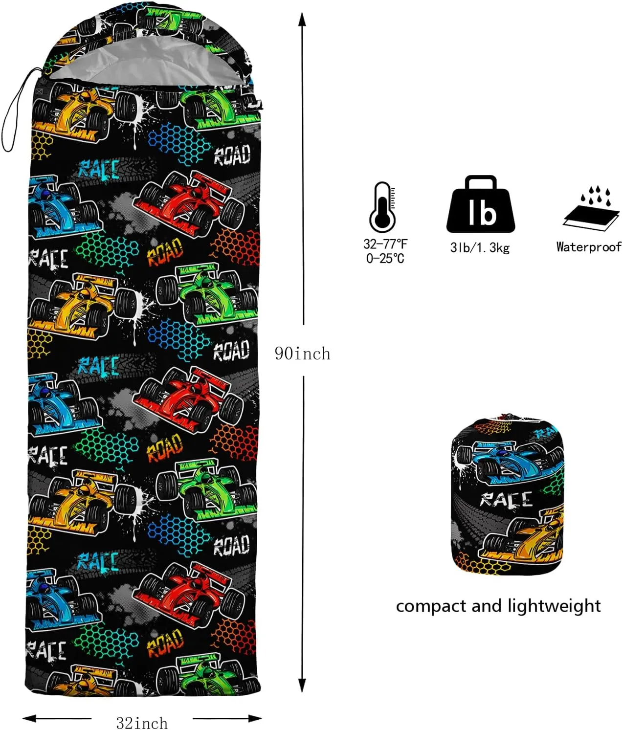 HOSIMA Adult Kids Sleeping Bag-Adorable Cartoon Car Pattern,Cold Weather and Warm Weather Sleeping Bag for Camping Hiking Sleepaway Camp Stuff,Light Blue Backpacking Ultralight Sleeping Bag.