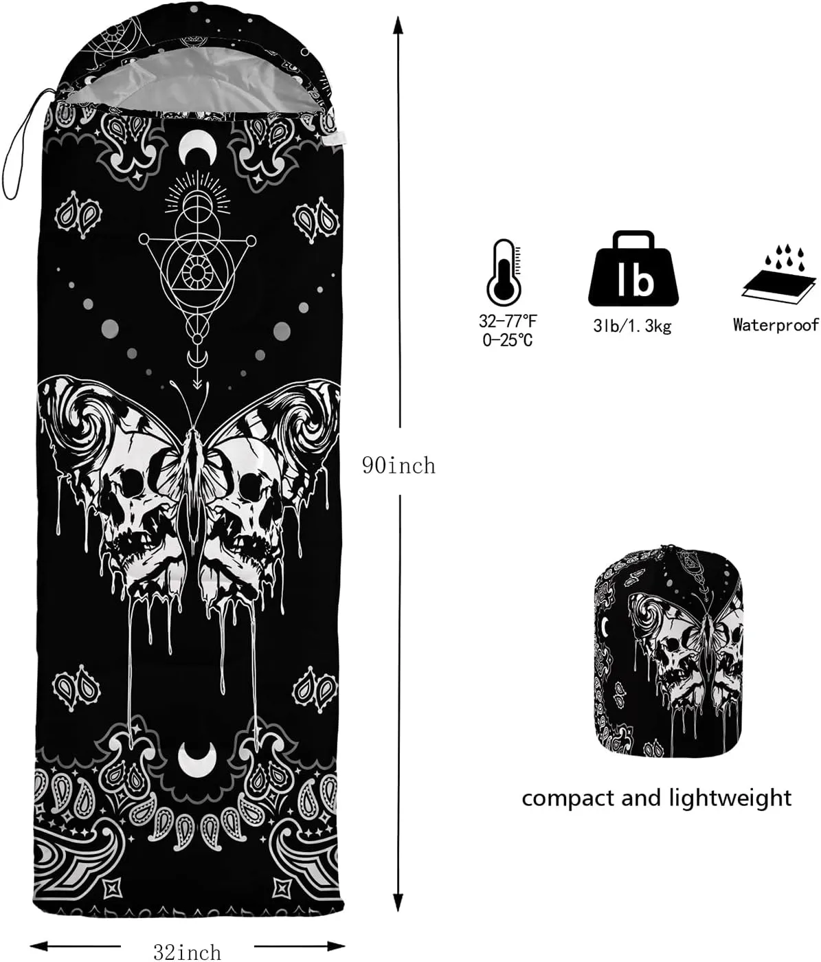 HOSIMA Butterfly Sleeping Bags for Adults and Kids for Camping,Black Gothic Ultralight Sleeping Bag for Cold Weather Summer.
