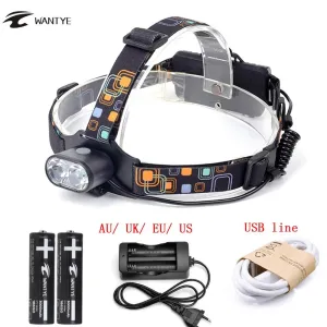 Hot USB Headlamp 6000 Lumen XML T6 3 Mode LED Head Light Camping Fishing Head Flashlight Torch 18650 Battery AC/Charger USB Line