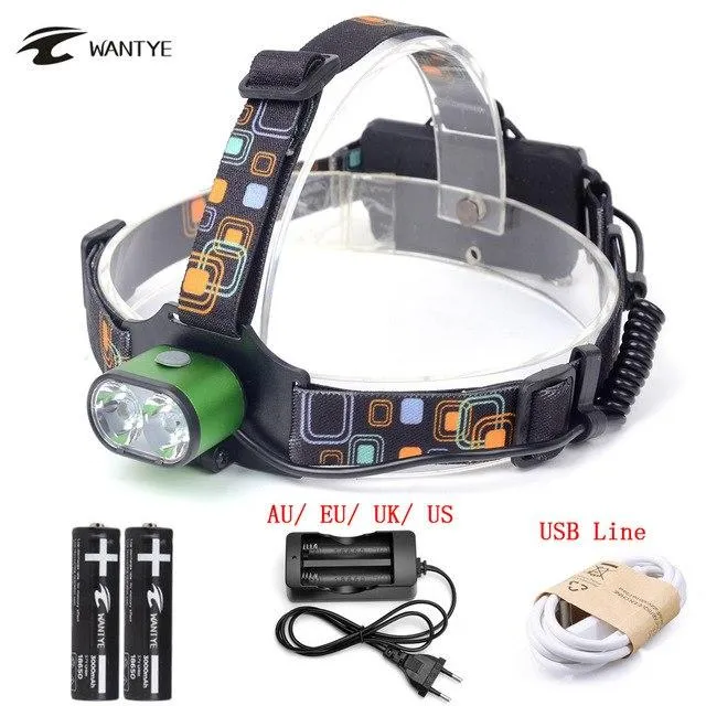Hot USB Headlamp 6000 Lumen XML T6 3 Mode LED Head Light Camping Fishing Head Flashlight Torch 18650 Battery AC/Charger USB Line