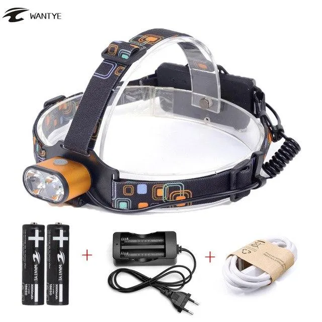 Hot USB Headlamp 6000 Lumen XML T6 3 Mode LED Head Light Camping Fishing Head Flashlight Torch 18650 Battery AC/Charger USB Line