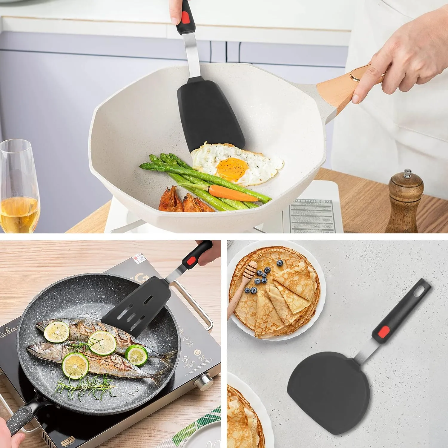 Hotec Silicone Turner for Nonstick Cookware, Heat Resistant Flexible Spatula Set of 3, Kitchen Utensils for Flipping Eggs, Burgers, Pancakes, Crepes