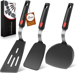 Hotec Silicone Turner for Nonstick Cookware, Heat Resistant Flexible Spatula Set of 3, Kitchen Utensils for Flipping Eggs, Burgers, Pancakes, Crepes