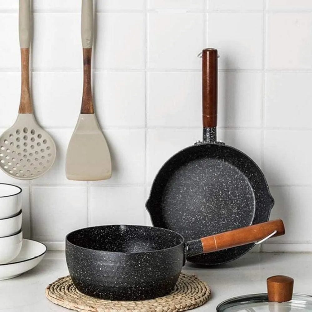 Household Kitchen Aluminum Non-Stick Stone Pot Soup Pot Milk Pan with Wooden Handle, for Frying, Roasting, Stewing, Frying or Grilling.-18cm