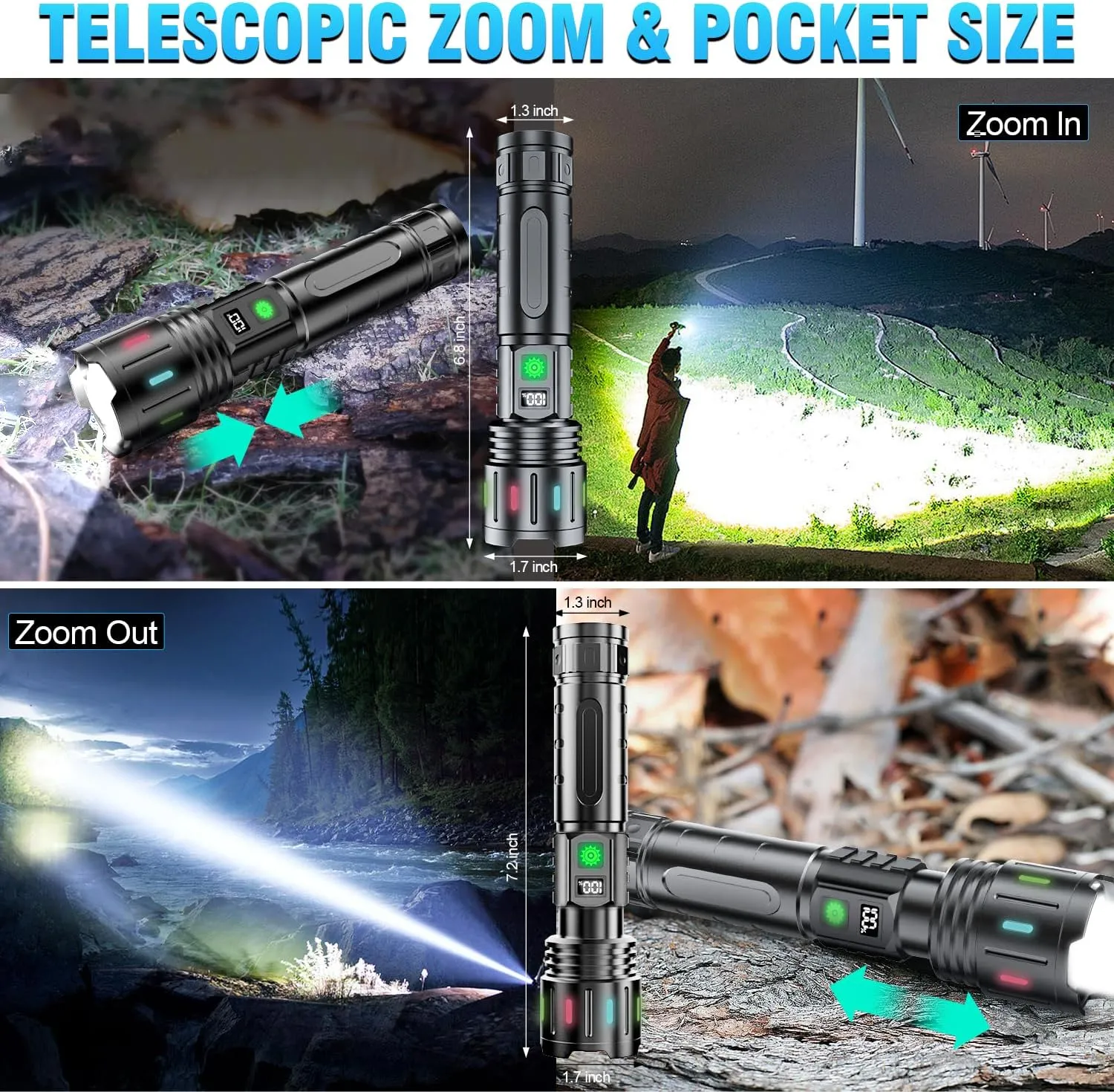 Hoxida Flashlights High Lumens Rechargeable - 1500 Meters Long Beam Super Bright LED Flash Light with Power Display & IPX5 Waterproof for Camping, 20H Runtime,Zoomable Handheld Flashlight-String