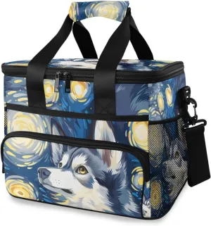 Husky Dog Van Gogh's Starry Sky Cooler Bag Insulated Cooler Soft Sided Cooler 24 Can Portable Picnic Bag Large Leakproof Lunch Bag Box for Beach Grocery Camping Travel Car Men Women