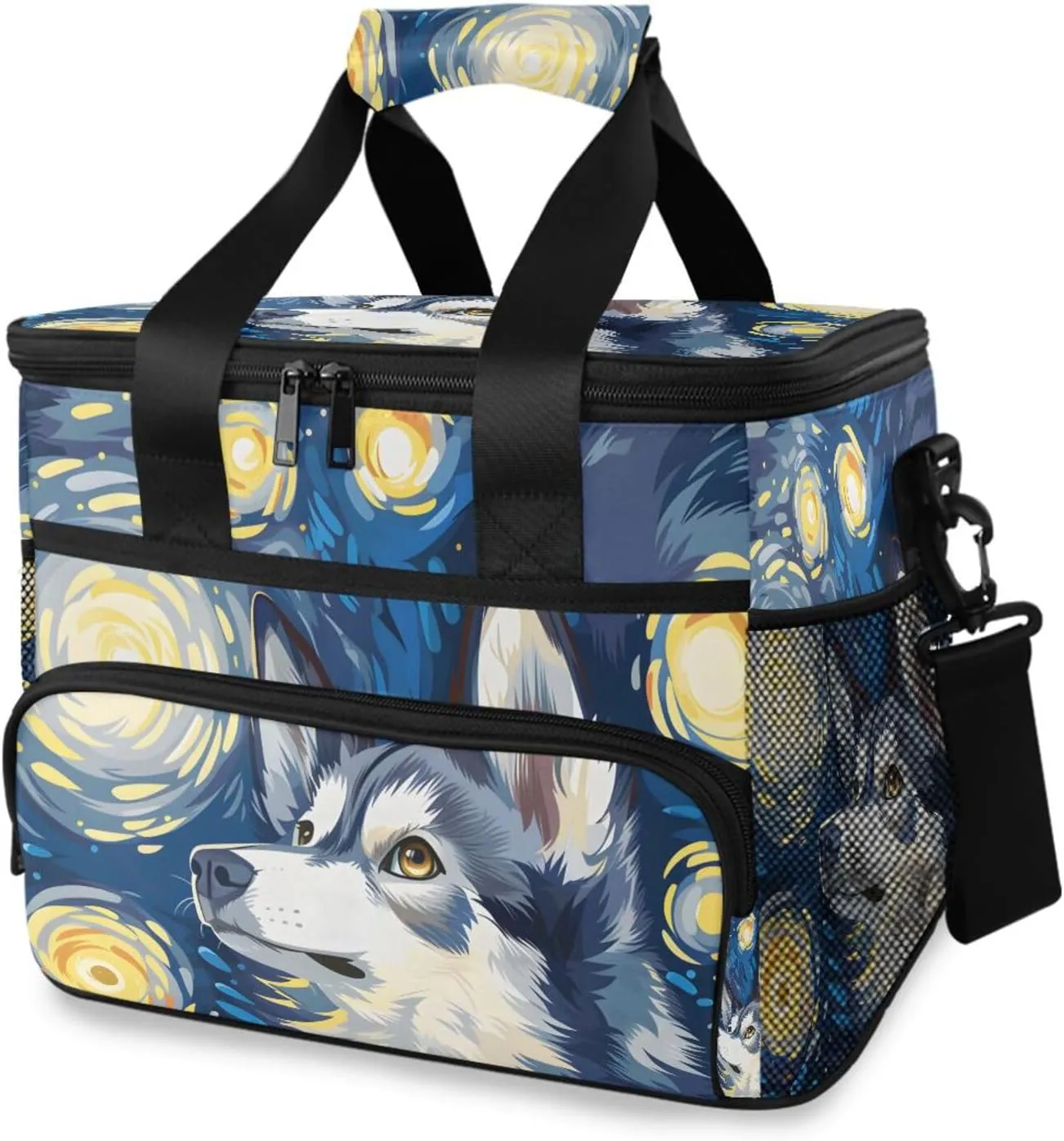 Husky Dog Van Gogh's Starry Sky Cooler Bag Insulated Cooler Soft Sided Cooler 24 Can Portable Picnic Bag Large Leakproof Lunch Bag Box for Beach Grocery Camping Travel Car Men Women